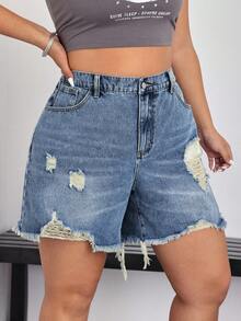 SHEIN EZwear 大尺碼時尚破洞原色毛邊鈕扣牛仔短褲 - 藍色 - 查看 4