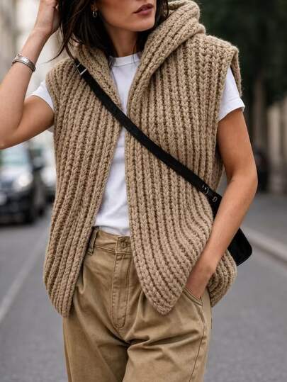 Balvessa Women's Comfortable Winter Versatile Knitted Vest Hooded Cardigan
