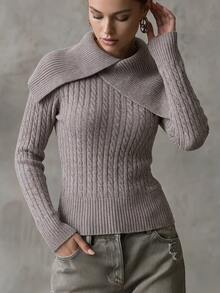 SHEIN Sweater Pullover Rajut Kabel Pas Badan Wanita, Elegan, Canggih, dan Romantis, Cocok untuk Pemakaian Sehari-hari, Kencan, dan Perjalanan. - Volcanic Gray - View 3