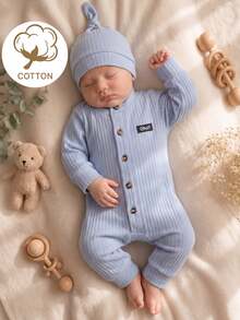 SHEIN Baby Boy Blue Soft Comfortable Cotton Ribbed Fabric Long Sleeve Front Opening Romper + Hat Set, Suitable For Daily Wear And Outings - Blue - View 1