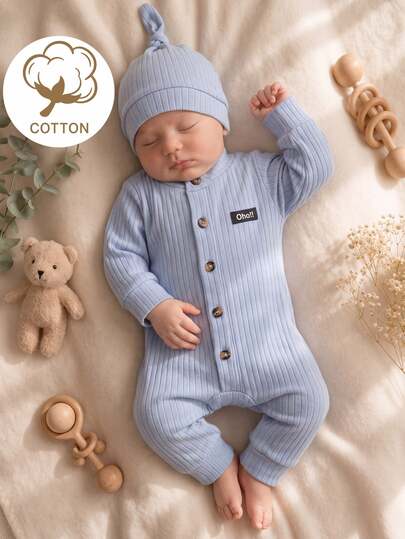 SHEIN Baby Boy Blue Soft Comfortable Cotton Ribbed Fabric Long Sleeve Front Opening Romper + Hat Set, Suitable For Daily Wear And Outings