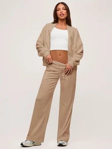 SHEIN BASICS 休閒純色針織立領長袖寬鬆女款夾克 秋冬服飾 - 杏色 - 查看 7