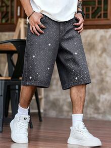 Manfinity EMRG Men's Loose Fit Rhinestone Embellished Denim Wide Leg Shorts With Pockets - Light Grey - View 6