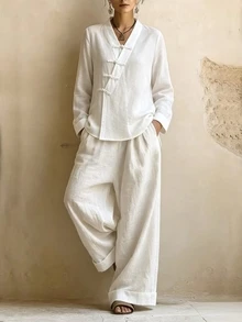 SHEIN Set Pakaian Wanita Gaya Retro Cina Terbaru dengan Kancing Katak / Atasan Berkerah Diagonal Bertekstur dengan Leher V & Celana Panjang Lebar Berlipit Kasual Minimalis 2 Potong - Putih - View 6