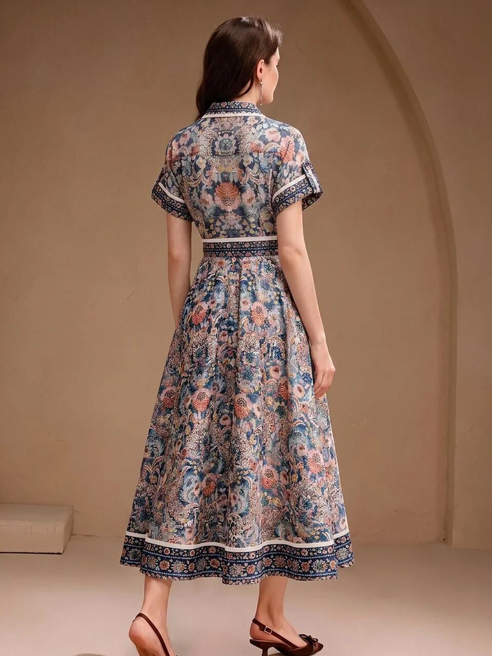Spring/Summer Navy Blue Printed Elegant Style Diamond Collar Short Sleeve Tie Waist Vacation Dress Women Mid-Length Dress Boho Vacation