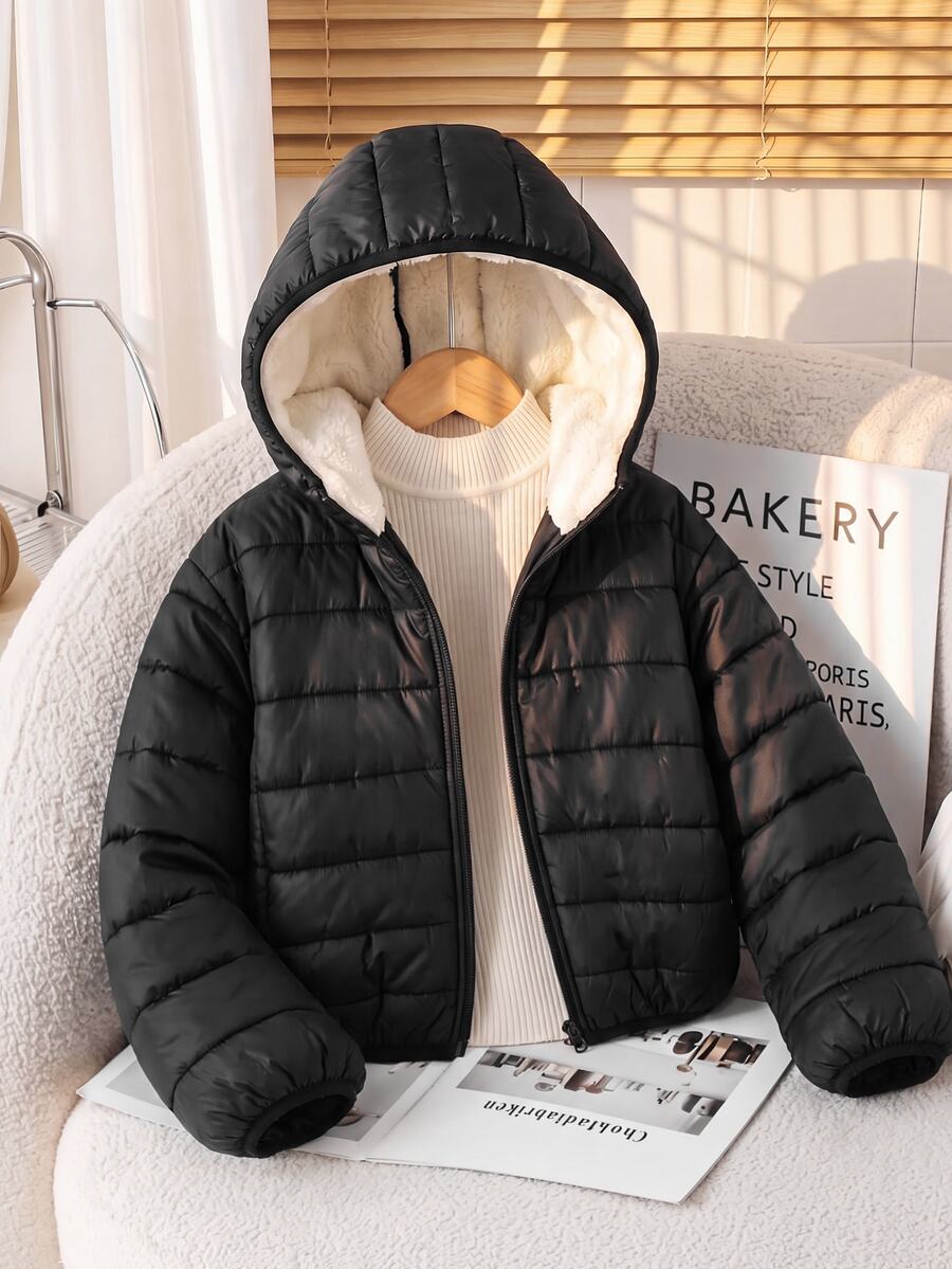 SHEIN 青少年女孩黑色冬季抓絨內裡連帽前開襟拉鍊加厚夾棉外套 - 黑色 - 查看 1