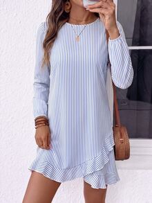 SHEIN LUNE Vacation Casual Striped Ruffle Hem Dress - Multicolor - View 6