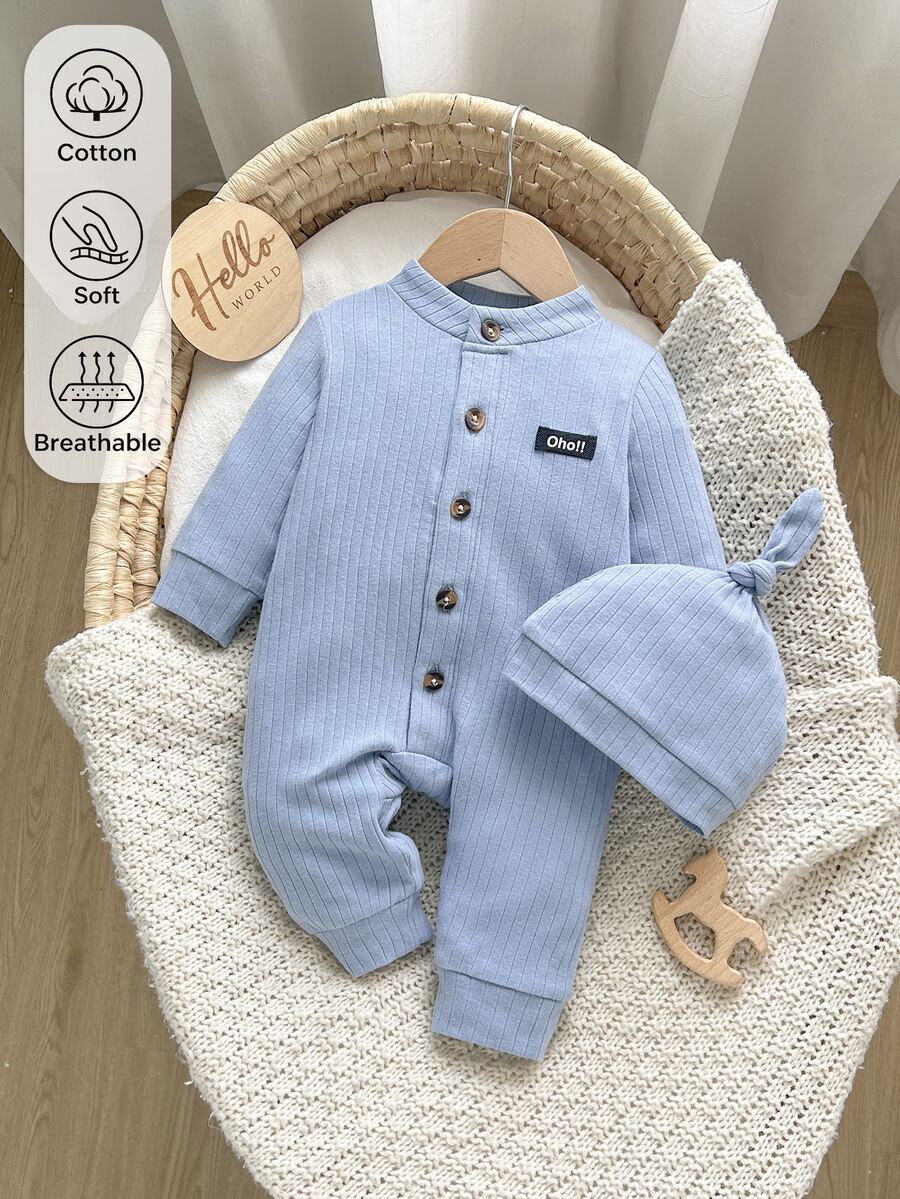 SHEIN Baby Boy Blue Soft Comfortable Cotton Ribbed Fabric Long Sleeve Front Opening Romper + Hat Set, Suitable For Daily Wear And Outings - Blue - View 1