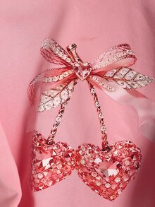 SHEIN 女童休閒可愛度假戶外運動通勤針織聚酯纖維校園派對粉色圓領長袖針織衫，附刺繡蕾絲貼花櫻桃圖案，返校季秋冬款 - 粉色 - 查看 7