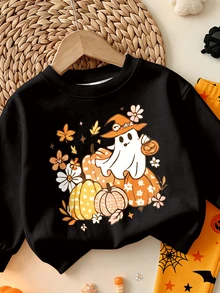 Oo Cute To Spook 嬰兒女童萬聖節套裝，可愛幽靈與南瓜印花衛衣與蜘蛛網圖案內搭褲套裝（2件組），秋季服飾系列 - 彩色 - 查看 4