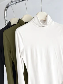 SHEIN BASICS 3件組純色針織小高領直肩長袖修身女款內搭上衣 - 彩色 - 查看 6