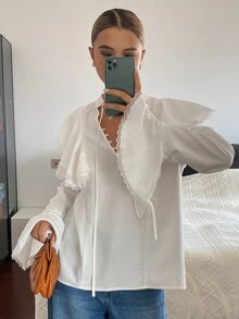DAZY Solid Color Fitted Ruffle Bell Sleeve Tie Front Elegant Vacation Spring Autumn Blouse For Women - White - View 3