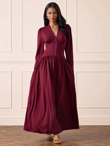 Lilora Women's Elegant High-End Deep V-Neck Decorative Button Dress, Commute, Gathering Dinner Cocktail, Party, Wedding, Autumn, Winter, Burgundy Red - Red - View 3