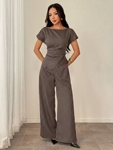 SHEIN PETITE Women's Striped Shirt & Pants Suit Set - Brown - View 3