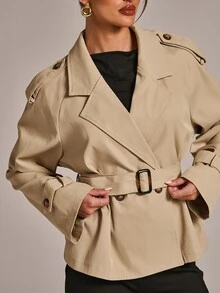 SHEIN BAE Women's Autumn/Winter Fashion Versatile Solid Color Commuter Lapel Open Front Same Fabric Color Belt Waist Cinched Short Trench Coat Jacket - Khaki - View 2