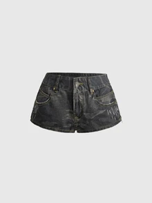 ROMWE Street Life 夏季街頭龐克迷彩拼色標語刺繡迷你牛仔短褲 - 黑色 - 查看 2