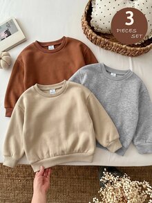 SHEIN LMoss Kids 女童 3 件組針織純色圓領寬鬆休閒秋季運動衫套裝 - 棕色 - 查看 9
