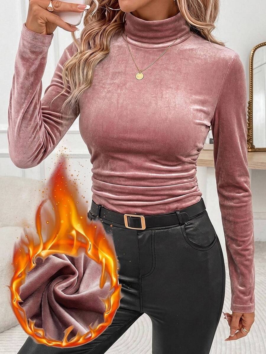 SHEIN Clasi 女款素色高領長袖休閒打底 T-shirt - 藕粉色 - 查看 1