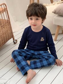 Snug Fit Pajamas Boys Toddler Long Sleeve & Long Pants Set, Fun Bear Pattern Design, Comfortable Soft Skin-Friendly Fabric, Suitable For Young Boy Home Wear - Royal Blue - View 7