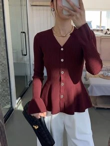 Mulvari Women's Elegant V-Neck Ruffle Trim Waist-Defining Cardigan, Autumn/Winter Social Clothing New Year - Burgundy - View 4