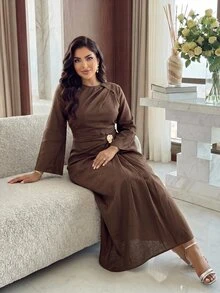 Dripcurv Plus Size Versatile Fashion Metal Decor Pleated Dress Fall - Brown - View 3