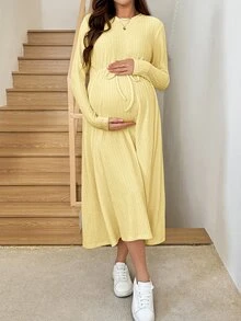 SHEIN 孕婦簡約百搭紋理長袖洋裝 - 黃色 - 查看 7