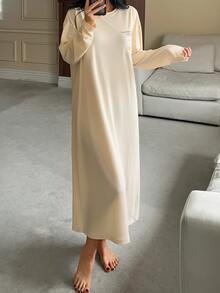 DAZY Women's Loose Long Sleeve T-Shirt Dress Nightgown With English Rabbit Pattern, Home Wear Dress - Apricot - View 5