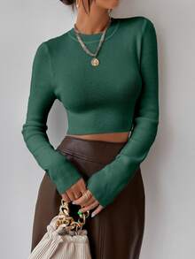 SHEIN Autumn Casual Solid Color Cropped Sweater - Dark Green - View 5