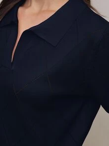 BizChic 海軍藍女款針織毛衣 春季 Polo 領翻領 菱格紋編織鉤針長袖 優雅簡約休閒 早午餐約會日常穿搭 - 藏蓝色 - 查看 4