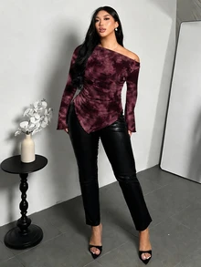 Firerie Plus Size Women's Tie-Dye Long Sleeve Asymmetrical Hem Fashion T-Shirt Fall - Multicolor - View 7