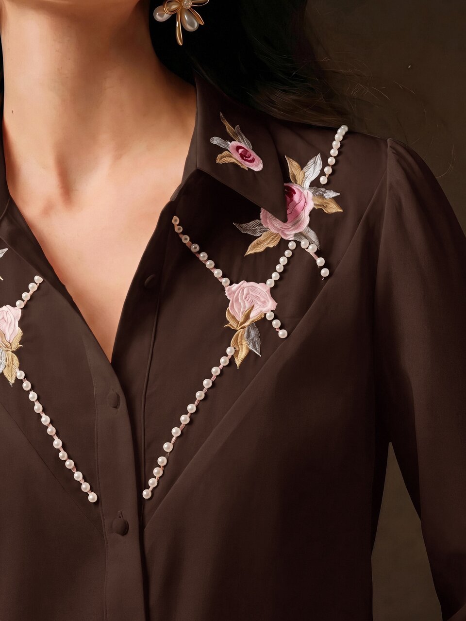 Spring/Summer Coffee Color Gentle Commute Style Rose Embroidered Beaded Women's Blouse