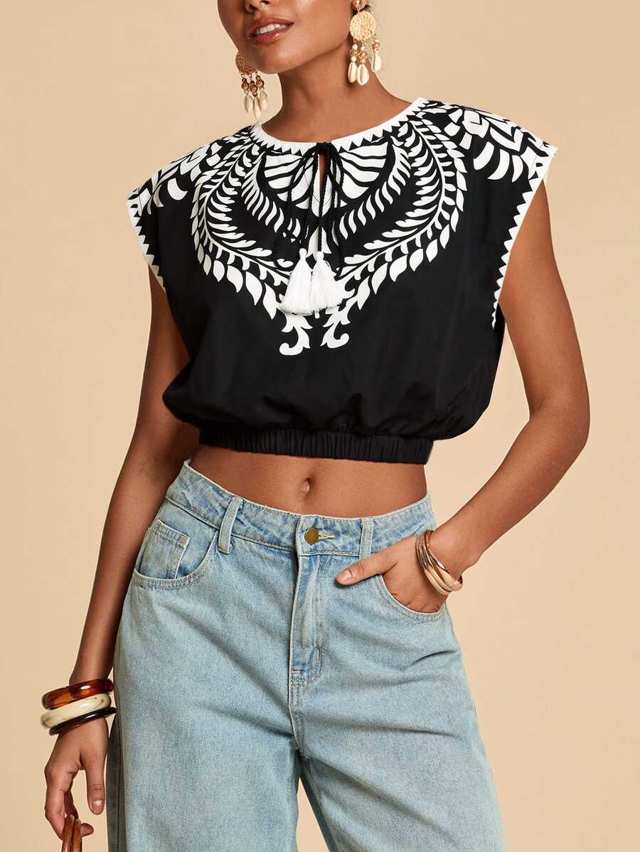 Travachic Women's Floral Print Cropped Top Vacation Black And White Summer Boho,Casual Sportswear