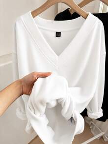 Comfylo Black & White 2pcs Set Plus Size V-Neck Loose Sweatshirt, Suitable For Autumn/Winter - Multicolor - View 7