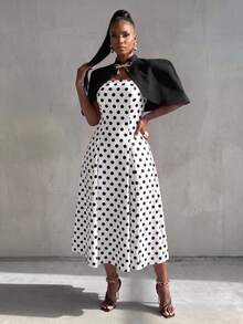 BamGlimmer Elegant Cape Polka Dot Print Dress 2 Pieces Set - Multicolor - View 2