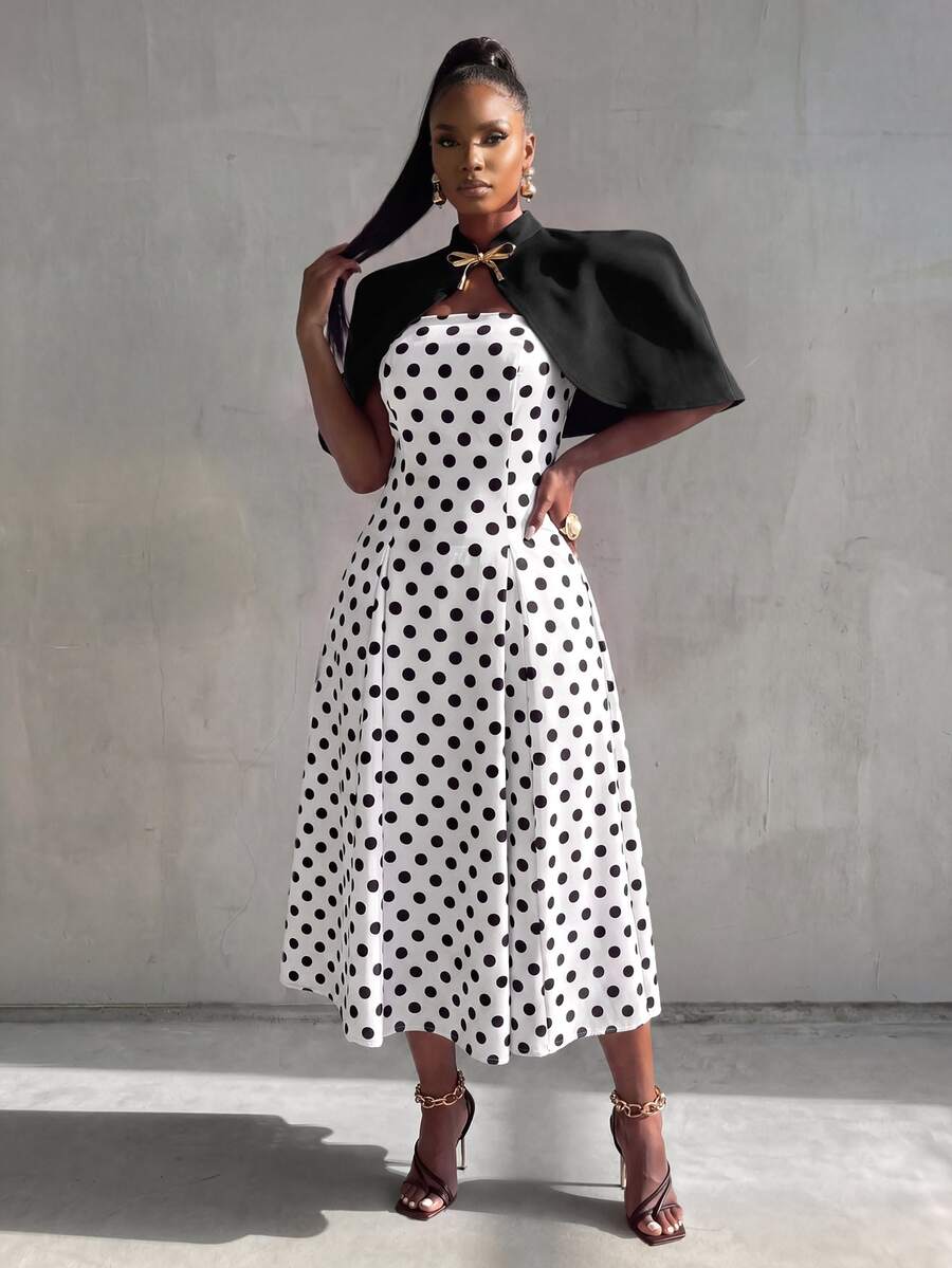 BamGlimmer Elegant Cape Polka Dot Print Dress 2 Pieces Set
