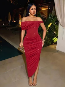 SOLERSUN Women's Elegant Off-Shoulder Ruched High Elastic Glitter Fabric Dress, Suitable For Evening Party, Graduation Season, - Burgundy - View 7