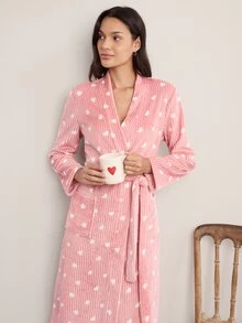 Doze Lane Casual Plush Heart Print Long Sleeve Patch Pocket Women's Robe - Multicolor - View 5