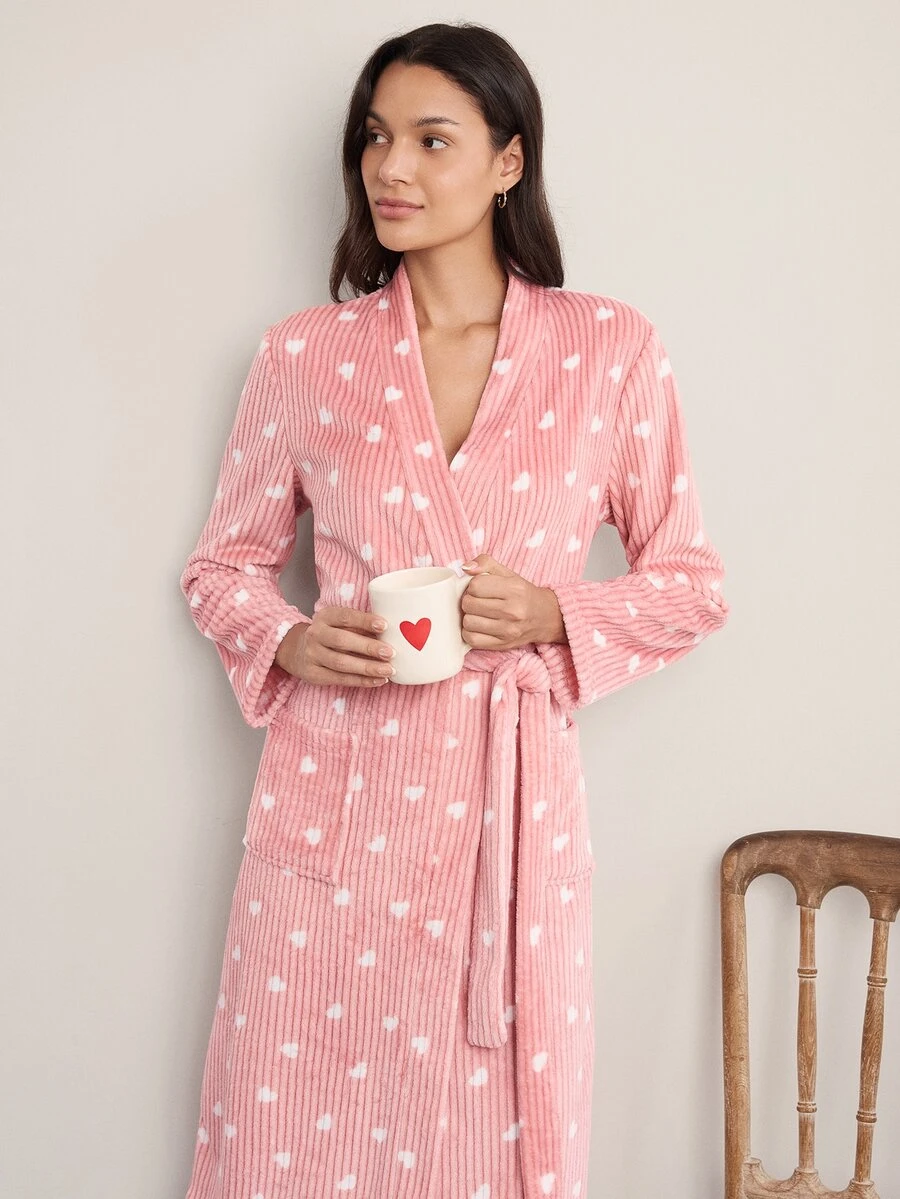 Doze Lane Casual Cute Plush Heart Print Long Sleeve Patch Pocket Women's Robe Lounge Sleep Light Pink Autumn Bridal Robe - Multicolor - View 1