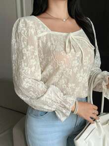 Dazy Plus Bowknot Decor Lace Puff Short Sleeve Elegant Versatile Spring Summer Apricot T-Shirt Fall - Apricot - View 5