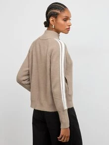Maija Beige New Chinese Style Frog Button Striped Sporty Knit Cardigan Urban Autumn - Khaki - View 4