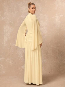 Lumalex Fall Winter Soft Comfortable Mesh Mock Neck Flowy Long Sleeve Ruched Draped Bodycon Dress With Flared Hem For Women Dawn-To-Gala Elegant Poised Let Yo - Apricot - View 6