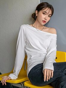 DAZY Autumn Casual Solid Color Asymmetric Collar T-Shirt - White - View 5
