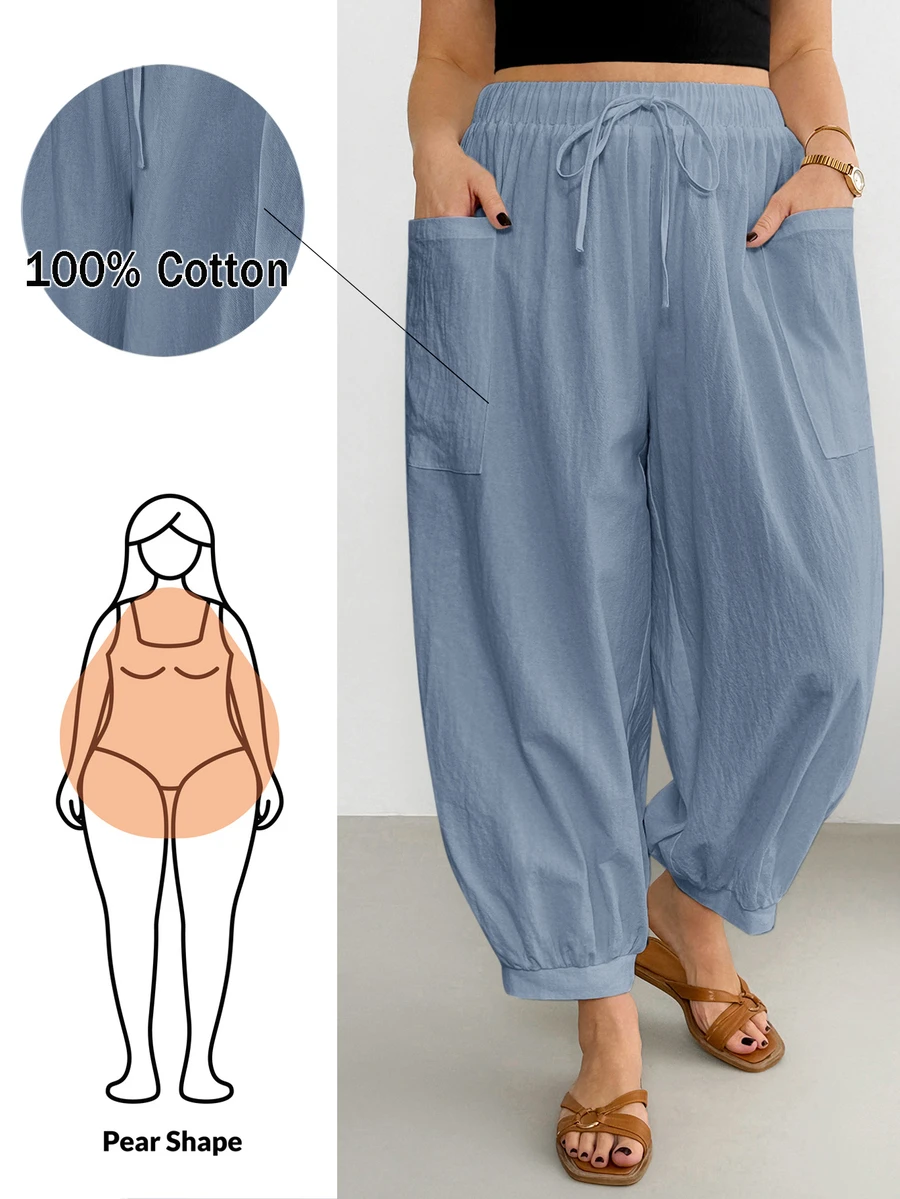 Shapeblank Plus Size Casual Solid Color Double Pocket Pants For Vacation - Dusty Blue - View 1