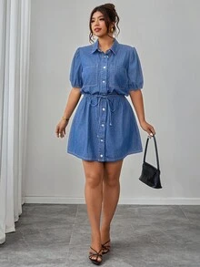 Elenzga 女款休閒法式傳統 A 字版型寬鬆鈕扣抽繩藍色丹寧洋裝，彈性舒適修身，適合日常、正式、海灘穿著，秋季款 - 藍色 - 查看 4