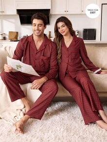 CoupledUp Men's Couple Red Plaid Long Sleeve Pants Pajama Set 2pcs - Red - View 1