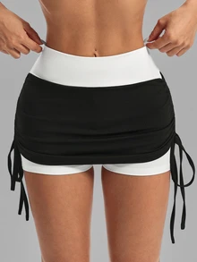 Slayform Rok Tenis Wanita Motif Blok Warna dengan Kontrol Perut, Desain Tali Serut Samping, Celana Pendek Terintegrasi, Rok Olahraga Jala Seksi - Hitam dan Putih - View 8