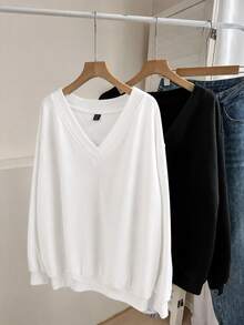 Comfylo Black & White 2pcs Set Plus Size V-Neck Loose Sweatshirt, Suitable For Autumn/Winter - Multicolor - View 3