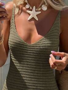 Flora Isola Flora Isola 女款春夏海灘休閒度假風無袖V領露背針織洋裝 - 橄欖綠 - 查看 4