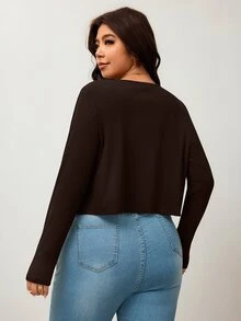 Enliva 大尺碼女款黑色羅紋針織短版開襟外套 V 領鈕扣前開式毛衣，輕鬆層次穿搭風 - 棕色 - 查看 2