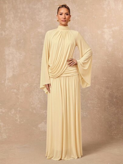 Lumalex Fall Winter Soft Comfortable Mesh Mock Neck Flowy Long Sleeve Ruched Draped Bodycon Dress With Flared Hem For Women Dawn-To-Gala Elegant Poised Let Yo